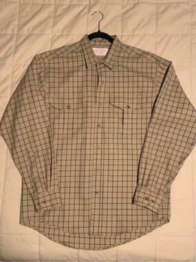 VTG CC Filson Mens Khaki Plaid Windowpane check 100% Virgin Wool Flannel Shirt